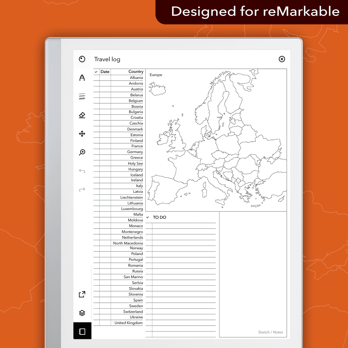 Travel Log - Europe - Einkpads - reMarkable Templates